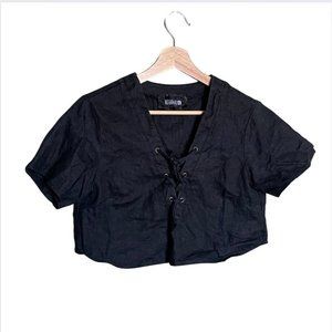 Reformation black linen boxy cropped short sleeve top size medium